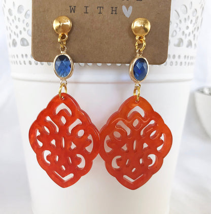 Boho Statement Earrings - Gold Dangle Earrings with Orange and Blue Resin Pendants | IbizaSchmuck