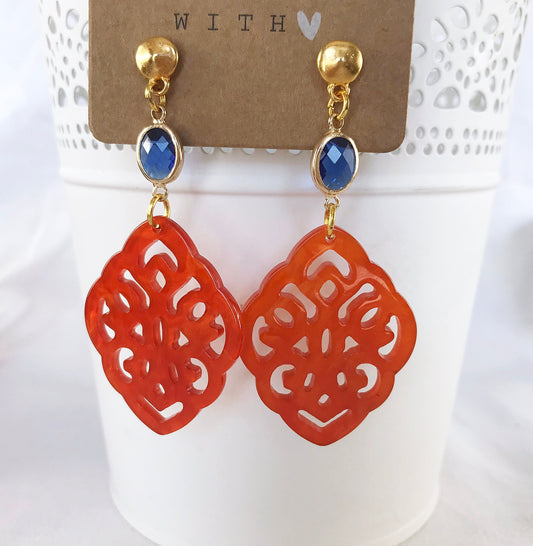 Boho Statement Earrings - Gold Dangle Earrings with Orange and Blue Resin Pendants | IbizaSchmuck