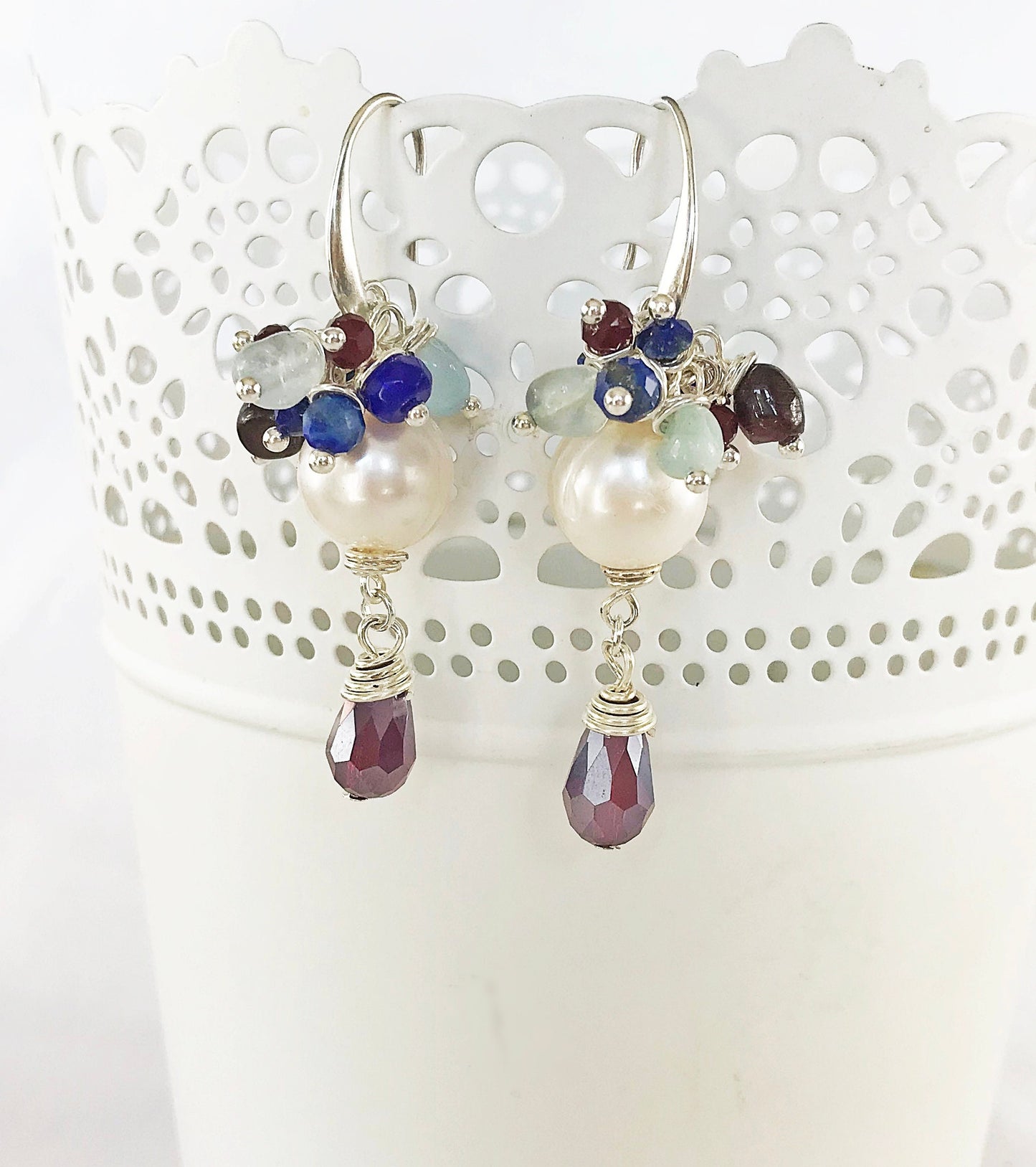 Bubble Pearl Earrings | RED MOON Boho Style | Sterling Silver Dangle Earrings with Freshwater Pearls, Aquamarine, Lapis Lazuli