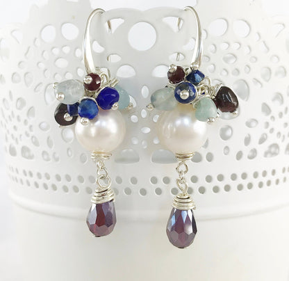 Bubble Pearl Earrings | RED MOON Boho Style | Sterling Silver Dangle Earrings with Freshwater Pearls, Aquamarine, Lapis Lazuli