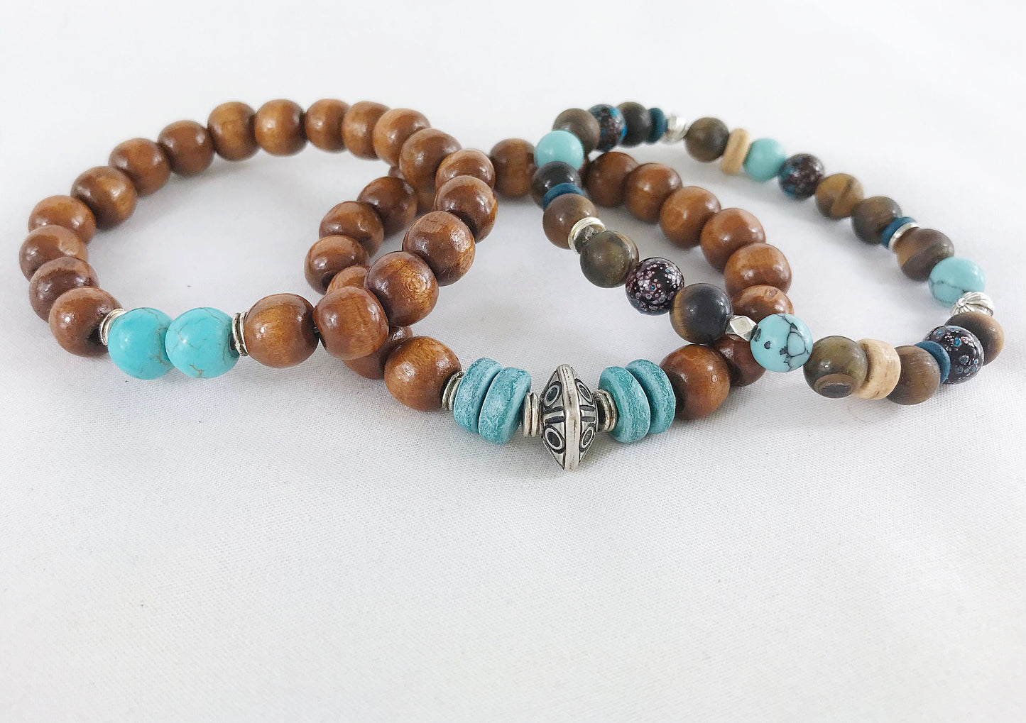 SASHA Men's Boho Turquoise Beaded Bracelet | Elastic Wood & Silver Wristband