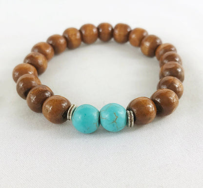 SASHA Men's Boho Turquoise Beaded Bracelet | Elastic Wood & Silver Wristband