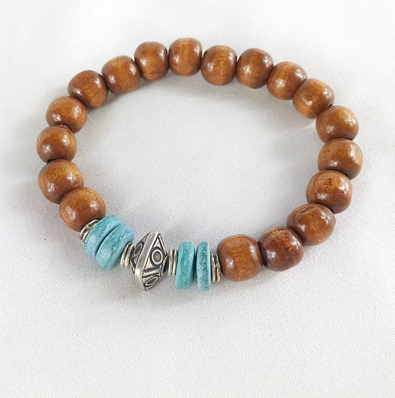 HUGO Men's Boho Beaded Bracelet | Wood & Coconut Shell | Handmade Elastic Wristband