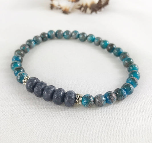 Men's Beaded Bracelet PAUL | Bohemian Blue Marble & Grey Jade | Elastic Boho Jewelry