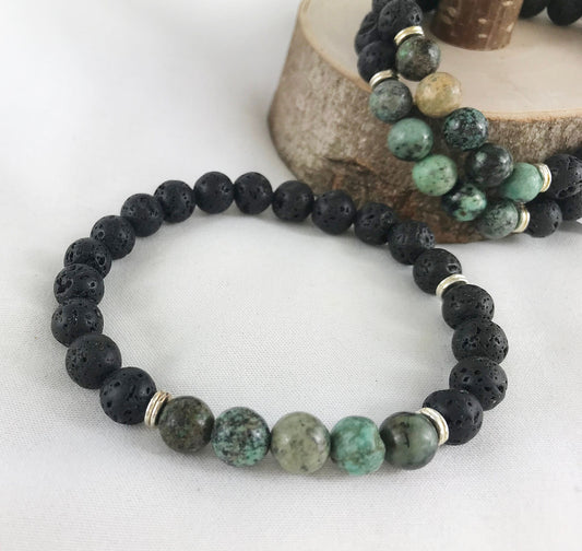 Men's Beaded Bracelet CONNOR | Black Lava and Green Turquoise | Bohemian Silver Accents