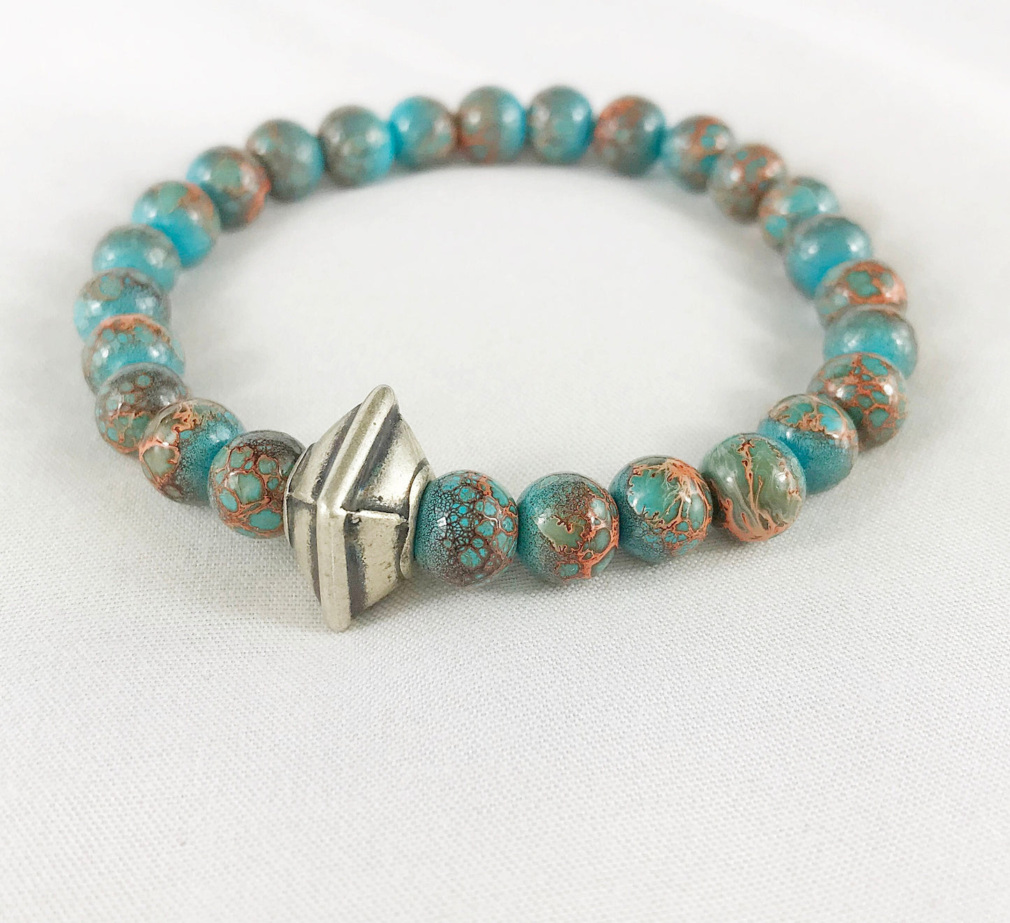 NICK Men's Beaded Bracelet | Boho Style | Brown & Turquoise Glass Beads | Silver Accent