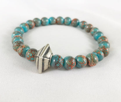 NICK Men's Beaded Bracelet | Boho Style | Brown & Turquoise Glass Beads | Silver Accent