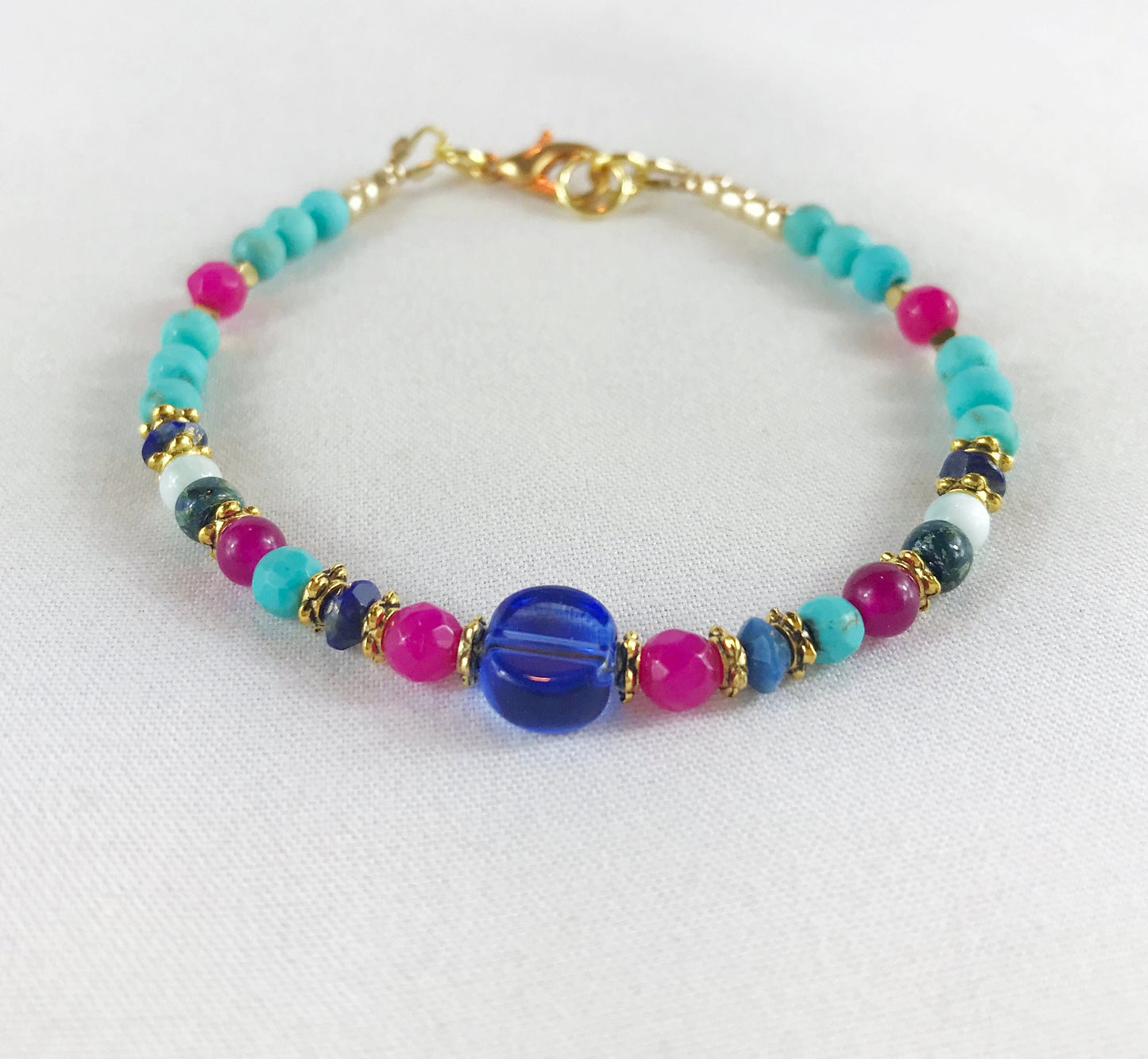 Montezuma Gold Boho Bracelet | Lapis Lazuli Semi-Precious Stone Jewelry | Blue Pink Turquoise Beaded Arm Candy