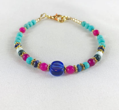 Montezuma Gold Boho Bracelet | Lapis Lazuli Semi-Precious Stone Jewelry | Blue Pink Turquoise Beaded Arm Candy