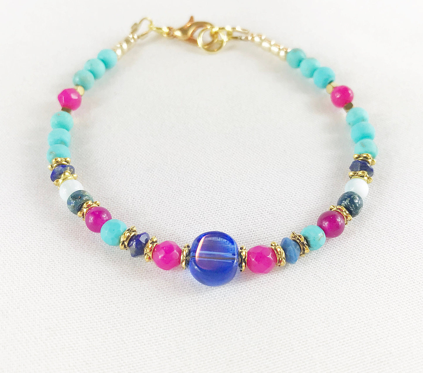 Montezuma Gold Boho Bracelet | Lapis Lazuli Semi-Precious Stone Jewelry | Blue Pink Turquoise Beaded Arm Candy