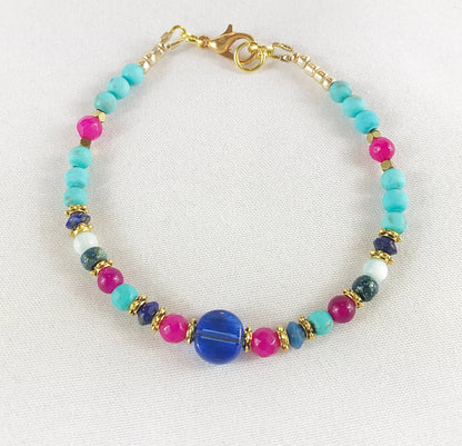 Montezuma Gold Boho Bracelet | Lapis Lazuli Semi-Precious Stone Jewelry | Blue Pink Turquoise Beaded Arm Candy