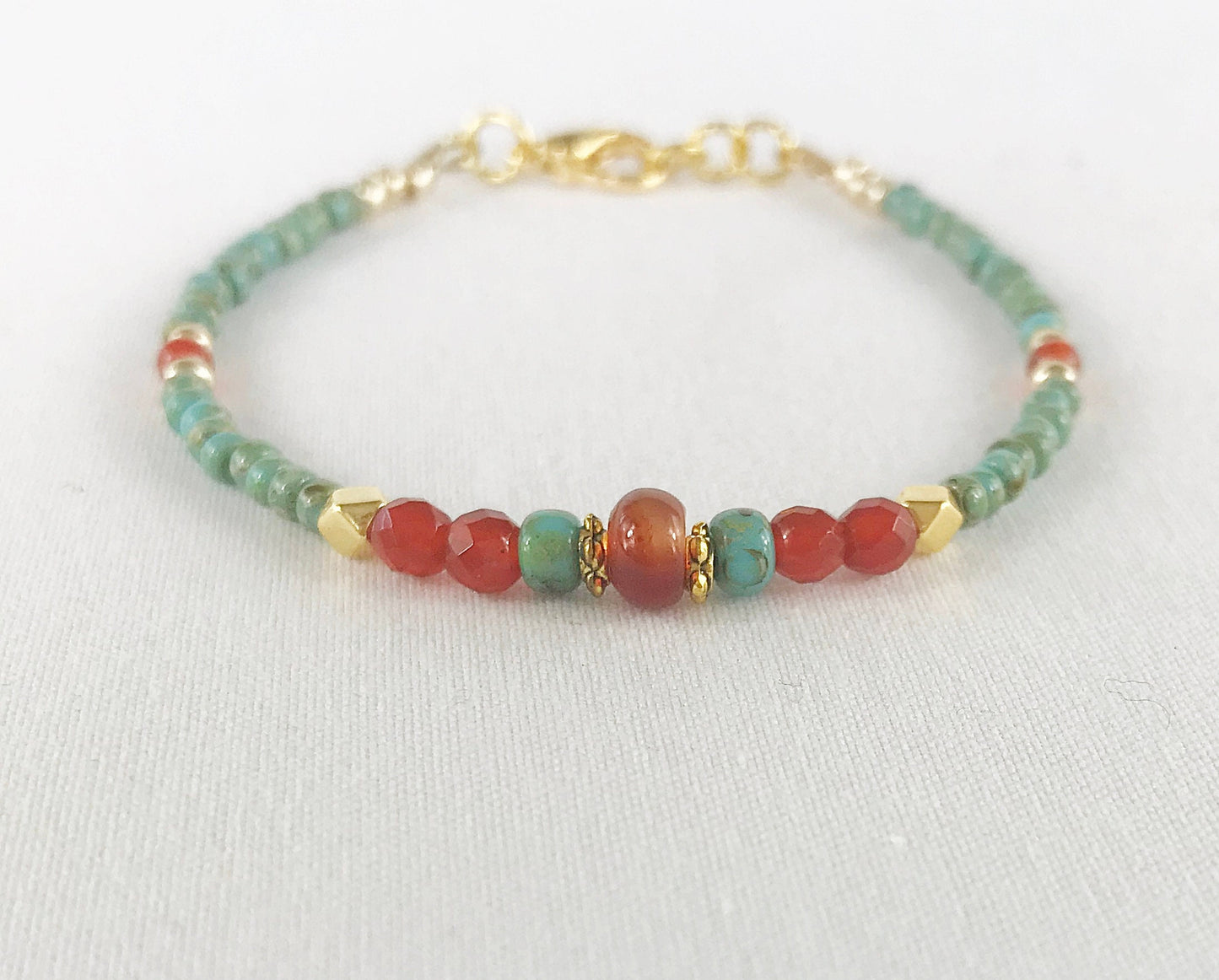 Handcrafted Boho Karneol & Miyuki Bead Bracelet | MEKNES Gold Turquoise Orange | Adjustable Ibiza Style Jewelry