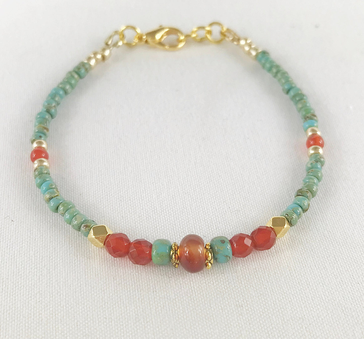 Handcrafted Boho Karneol & Miyuki Bead Bracelet | MEKNES Gold Turquoise Orange | Adjustable Ibiza Style Jewelry