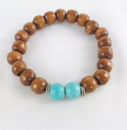 SASHA Men's Boho Turquoise Beaded Bracelet | Elastic Wood & Silver Wristband