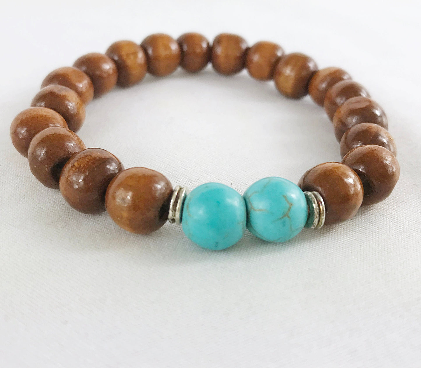 SASHA Men's Boho Turquoise Beaded Bracelet | Elastic Wood & Silver Wristband