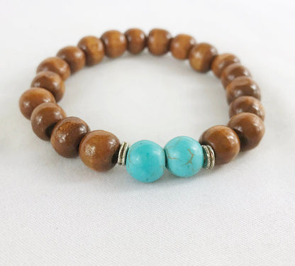 SASHA Men's Boho Turquoise Beaded Bracelet | Elastic Wood & Silver Wristband