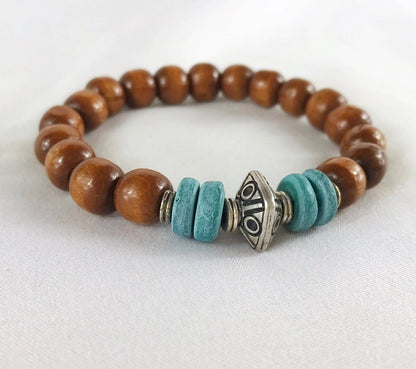 HUGO Men's Boho Beaded Bracelet | Wood & Coconut Shell | Handmade Elastic Wristband