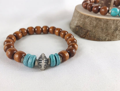 HUGO Men's Boho Beaded Bracelet | Wood & Coconut Shell | Handmade Elastic Wristband