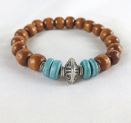 HUGO Men's Boho Beaded Bracelet | Wood & Coconut Shell | Handmade Elastic Wristband