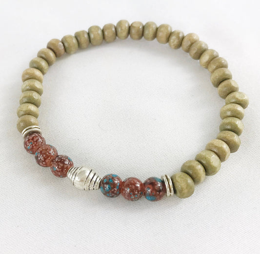 LEO Beaded Bracelet | Unisex Boho Style | Wood & Glass Beads | Olive Brown Blue