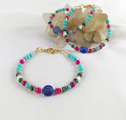 Montezuma Gold Boho Bracelet | Lapis Lazuli Semi-Precious Stone Jewelry | Blue Pink Turquoise Beaded Arm Candy