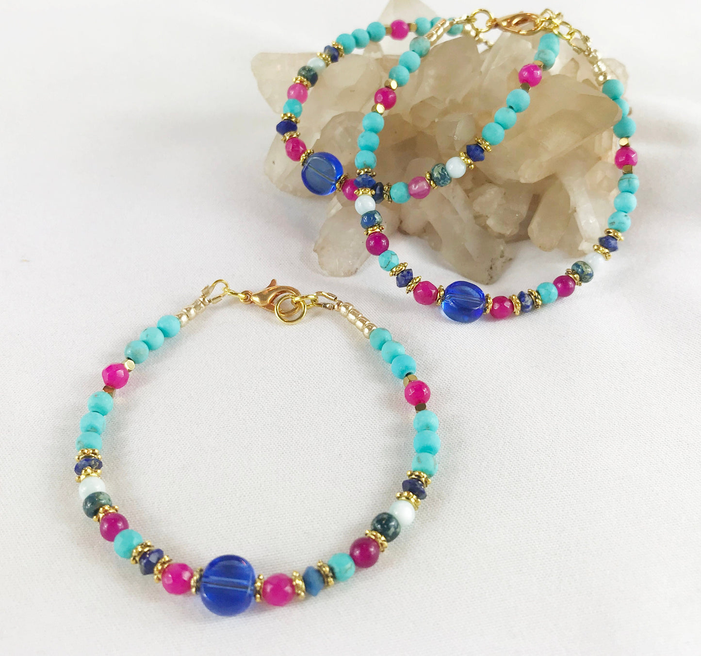 Montezuma Gold Boho Bracelet | Lapis Lazuli Semi-Precious Stone Jewelry | Blue Pink Turquoise Beaded Arm Candy