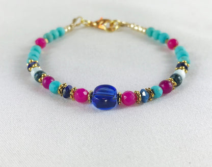 Montezuma Gold Boho Bracelet | Lapis Lazuli Semi-Precious Stone Jewelry | Blue Pink Turquoise Beaded Arm Candy