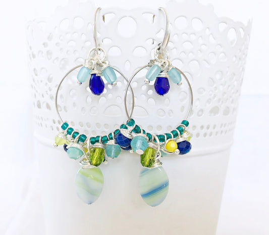 Boho Silver Dangle Earrings | Blue Lagoon Nereide | Turquoise Beaded Hoops | Handmade Designer Jewelry