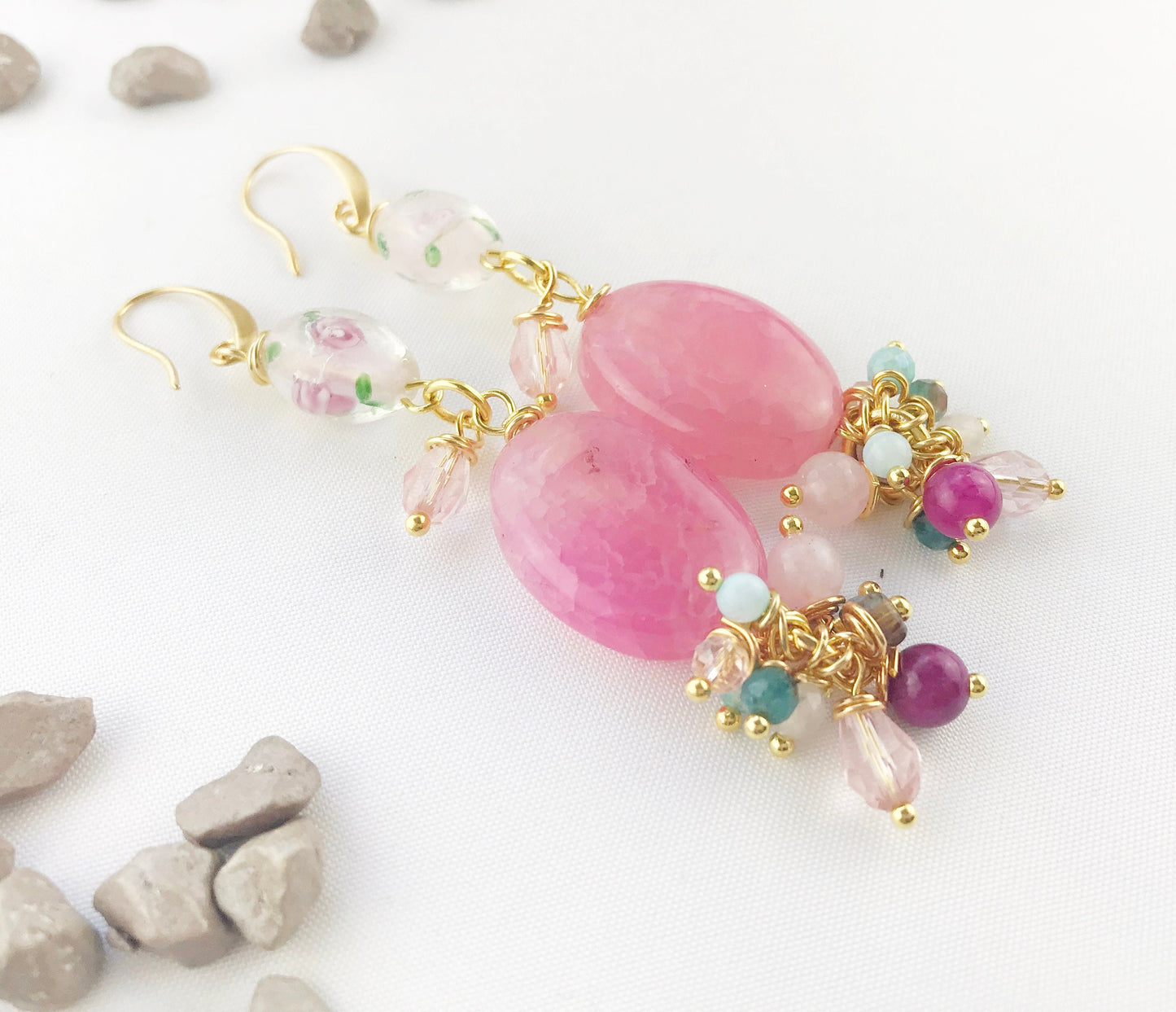 Floral Boho Gold Earrings | Handmade Gemstone Dangle Earrings | Grace Collection | Rose Quartz and Lampwork Beads