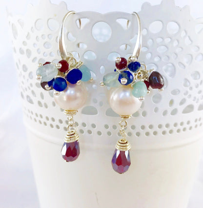 Bubble Pearl Earrings | RED MOON Boho Style | Sterling Silver Dangle Earrings with Freshwater Pearls, Aquamarine, Lapis Lazuli