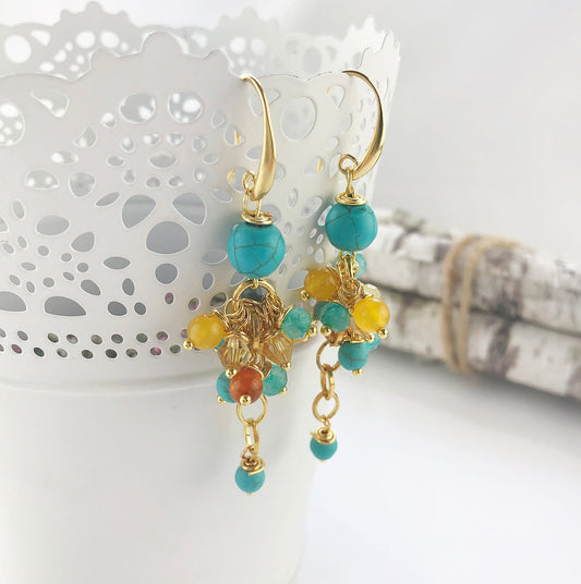 Sunshine Boho Gold Earrings | Turquoise & Jade Semi-Precious Stones | Designer Gemstone Jewelry