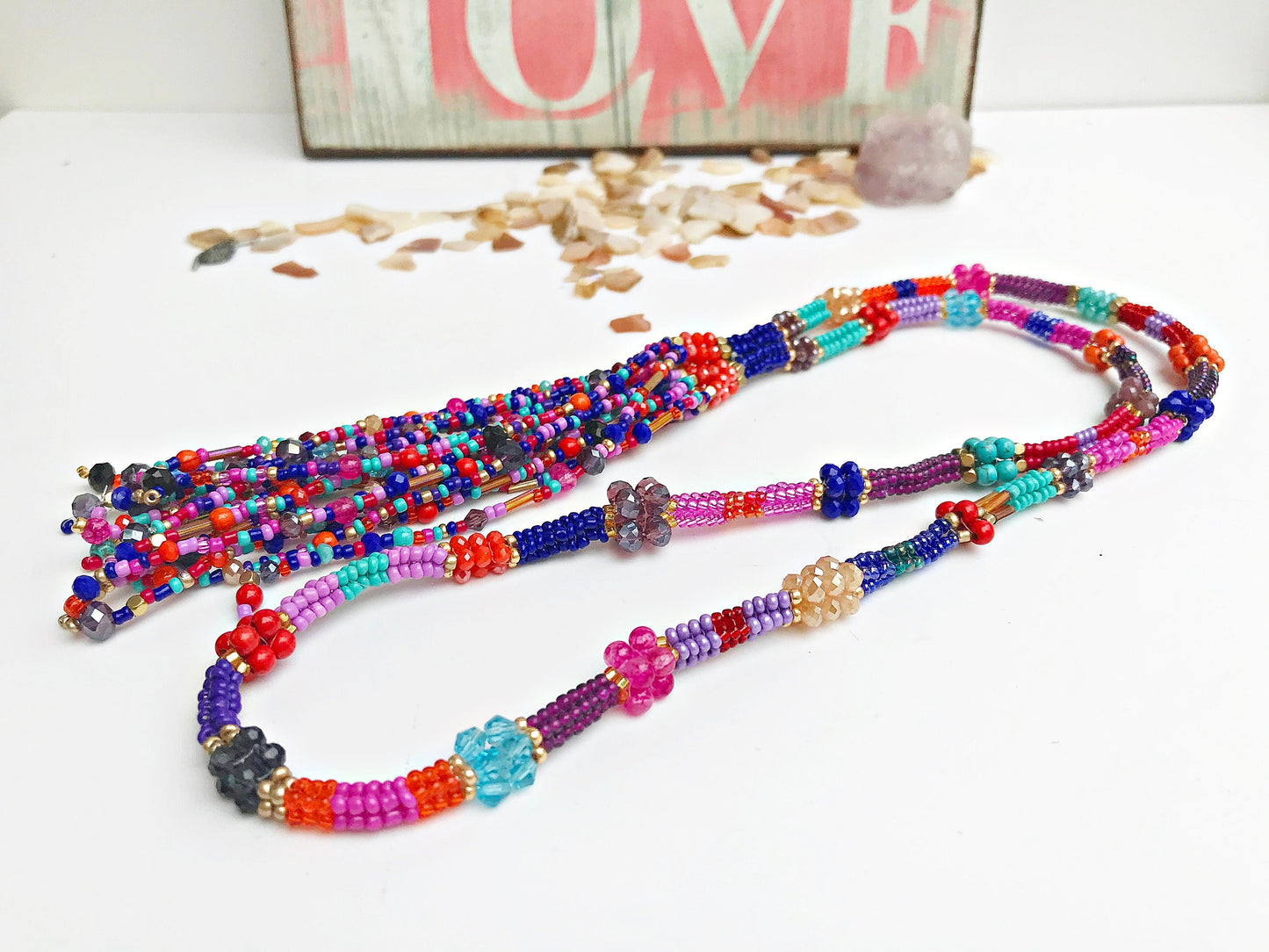 Colorful Boho Glass Bead Necklace with Tassel | Handmade Ibiza-Style Gold Pendant Chain for Women