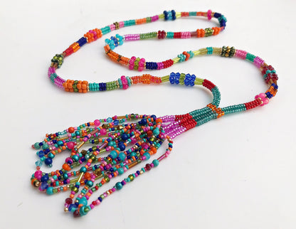 Colorful Boho Glass Bead Necklace with Gold Tassel | Handmade Ibiza Style Long Pendant Jewelry for Women