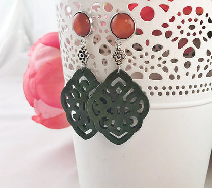 Boho Silver Dangle Earrings | Forest Green & Orange | Geometric Ibiza Style Jewelry