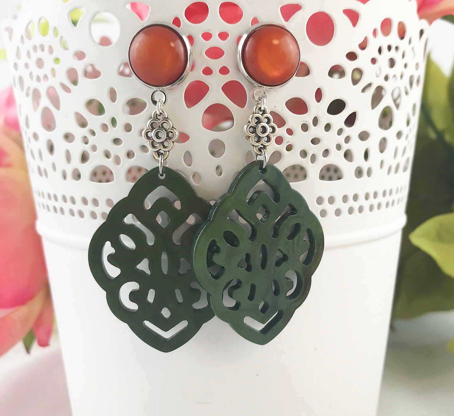 Boho Silver Dangle Earrings | Forest Green & Orange | Geometric Ibiza Style Jewelry