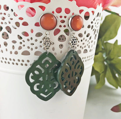 Boho Silver Dangle Earrings | Forest Green & Orange | Geometric Ibiza Style Jewelry