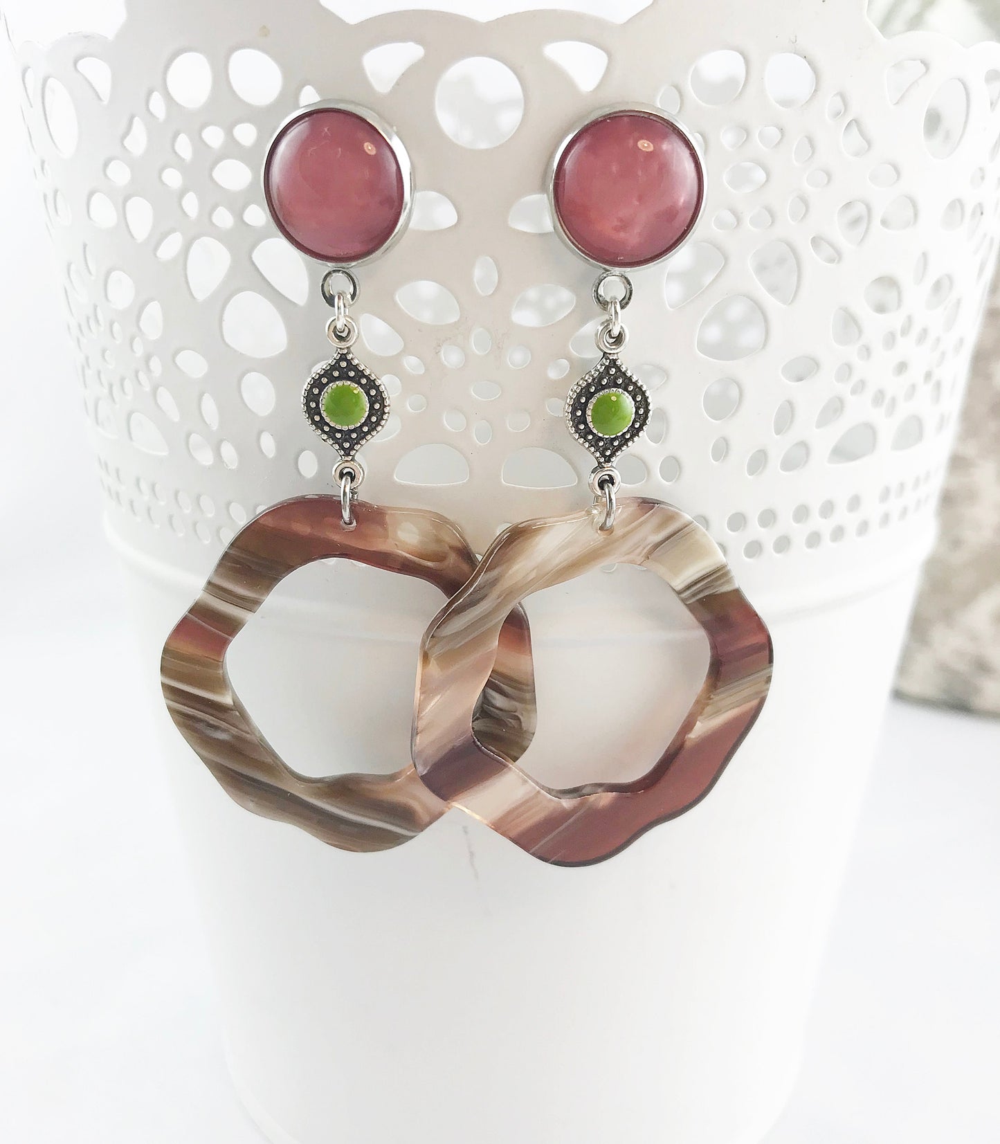 Boho Statement Earrings | Silver & Enamel | Berry Green | Horn-Look Resin | Ibiza-Style Jewelry