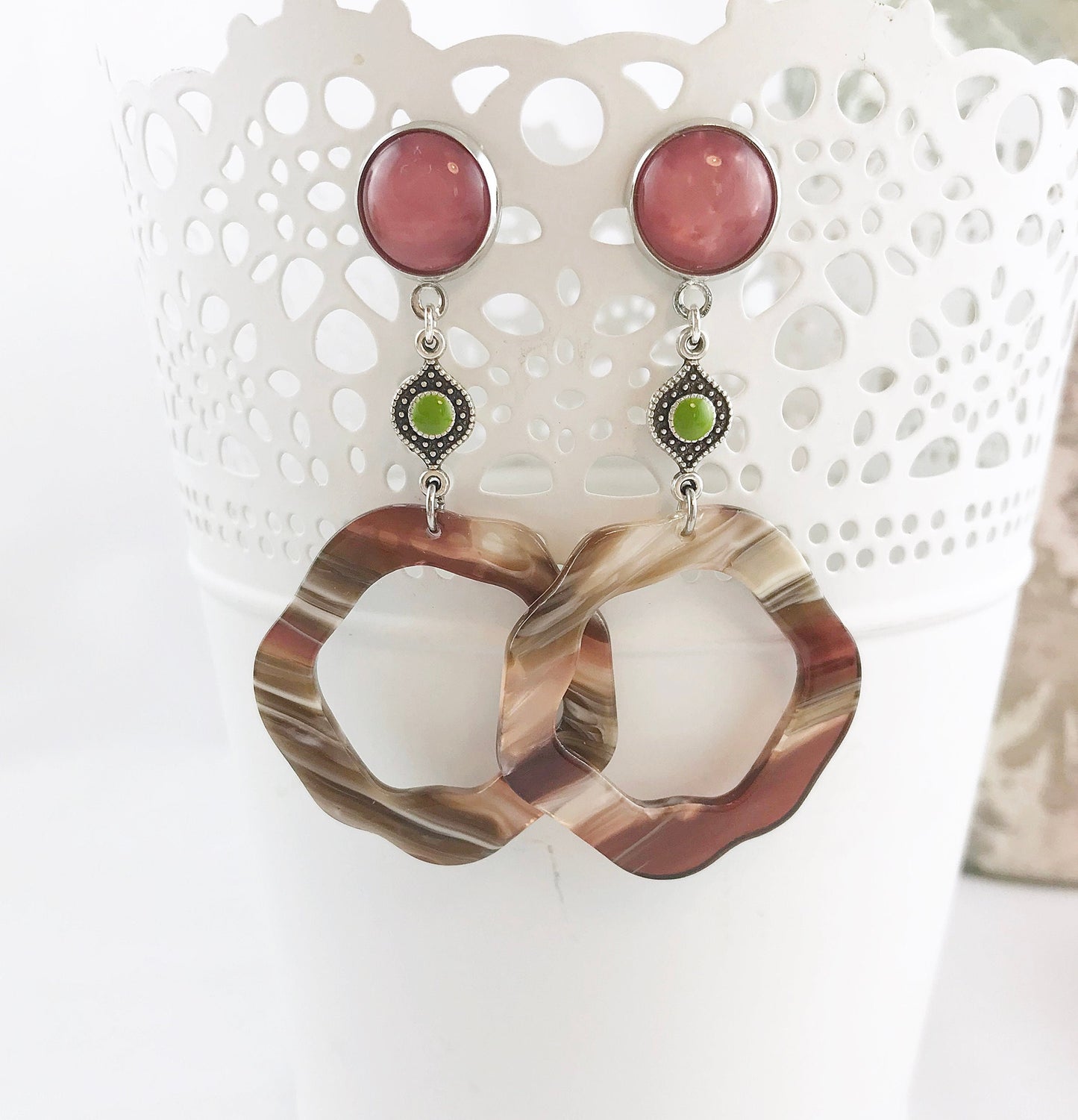 Boho Statement Earrings | Silver & Enamel | Berry Green | Horn-Look Resin | Ibiza-Style Jewelry