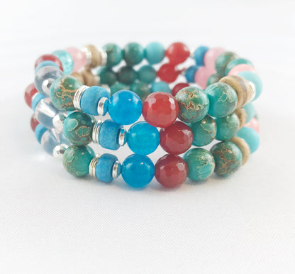 Boho Turquoise and Carnelian Beaded Bracelet | Stackable Silver Gemstone Jewelry | Ibiza Style