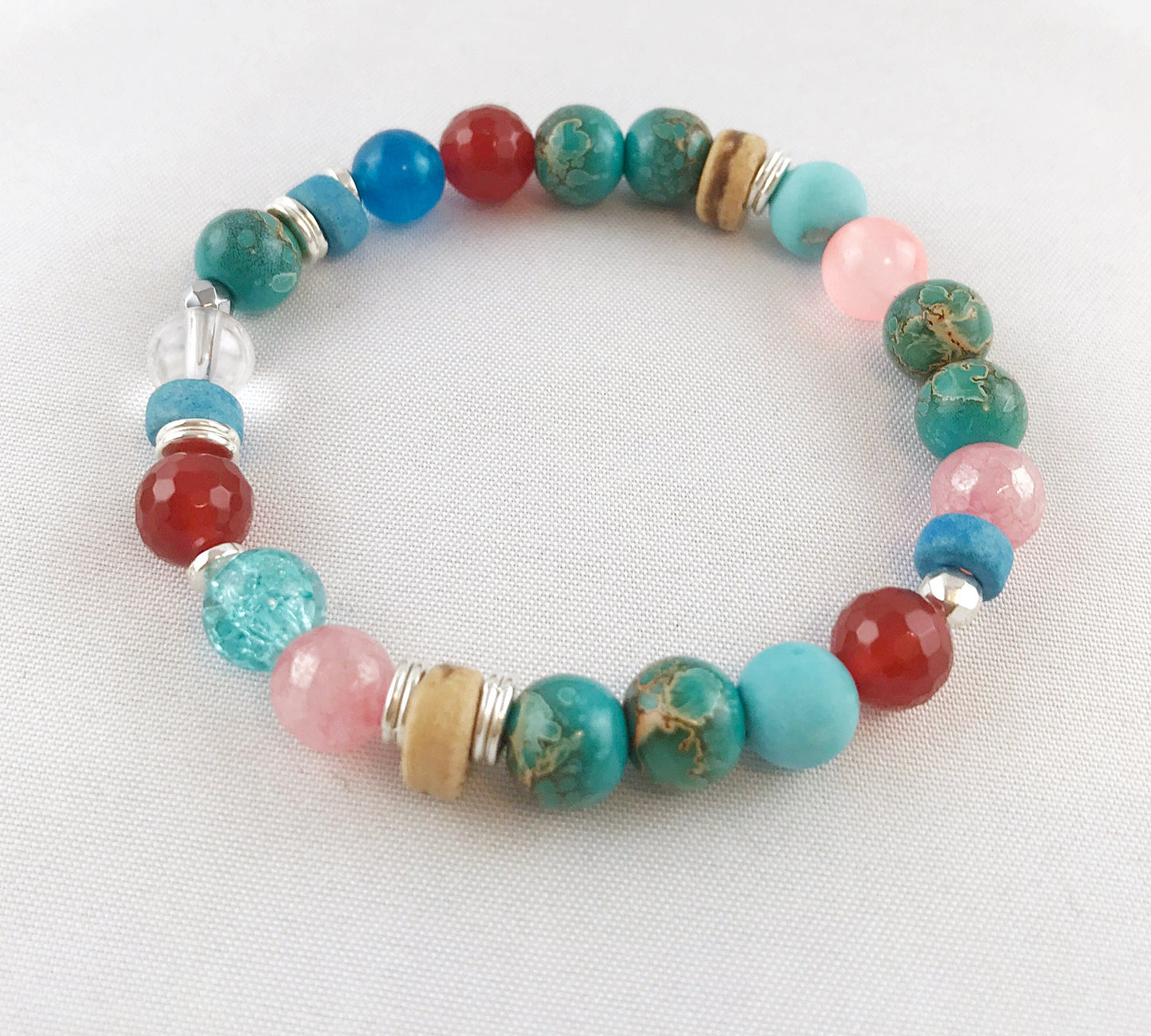 Boho Turquoise and Carnelian Beaded Bracelet | Stackable Silver Gemstone Jewelry | Ibiza Style