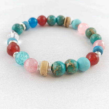 Boho Turquoise and Carnelian Beaded Bracelet | Stackable Silver Gemstone Jewelry | Ibiza Style