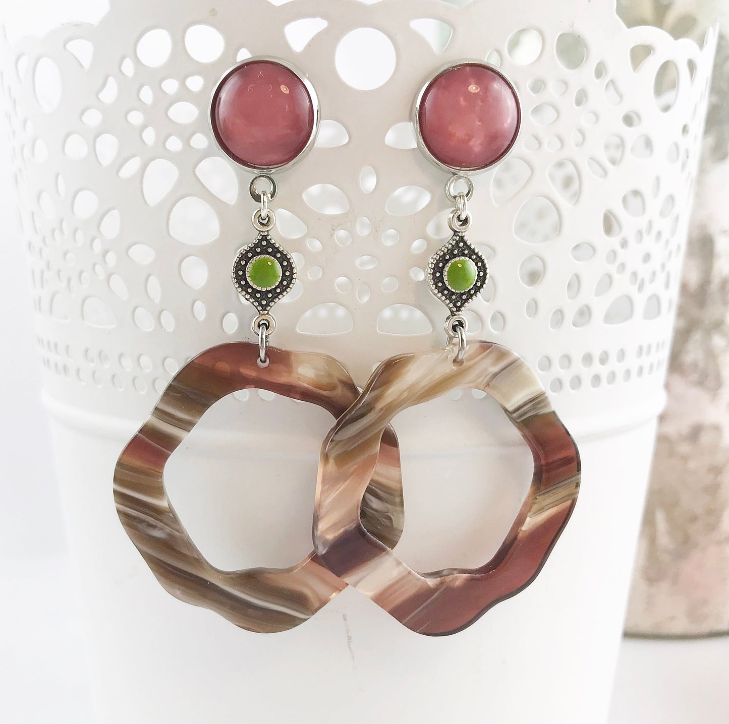 Boho Statement Earrings | Silver & Enamel | Berry Green | Horn-Look Resin | Ibiza-Style Jewelry