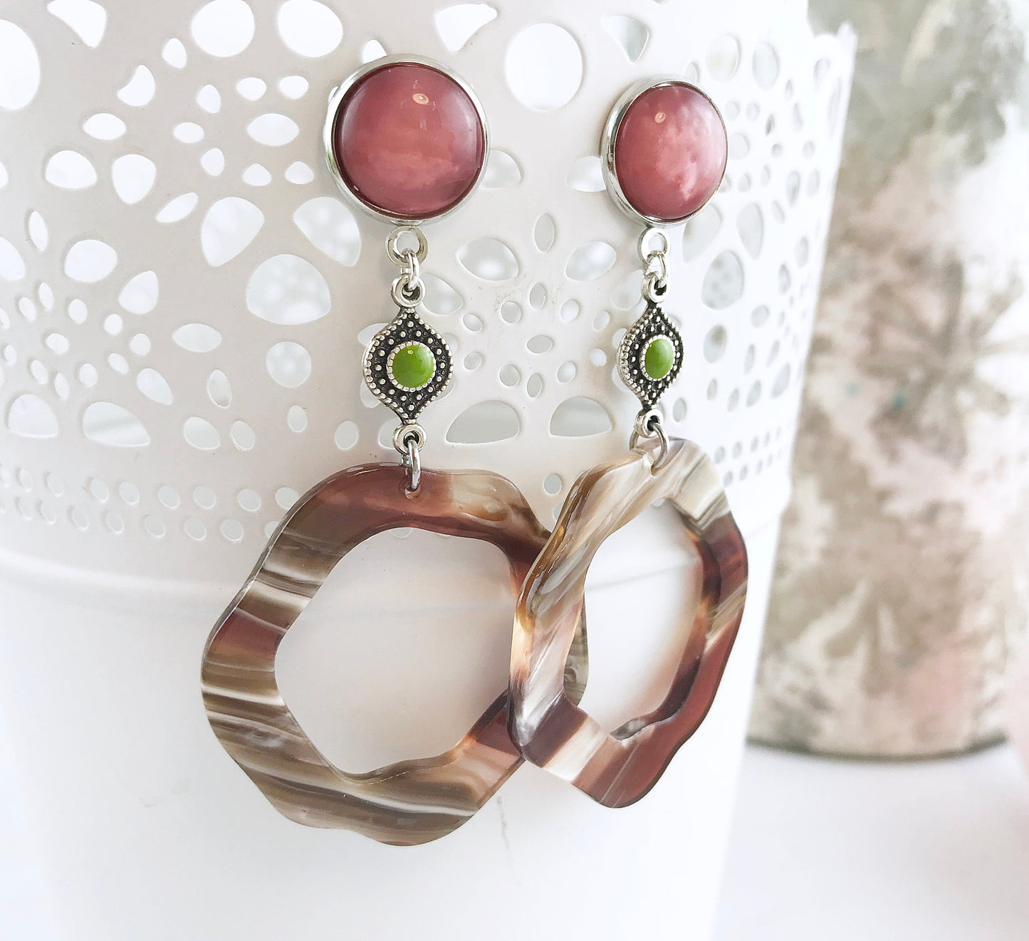 Boho Statement Earrings | Silver & Enamel | Berry Green | Horn-Look Resin | Ibiza-Style Jewelry