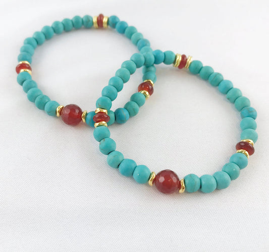 Boho Turquoise and Carnelian Gold Beaded Bracelet | Ibiza Style Stackable Jewelry for Women