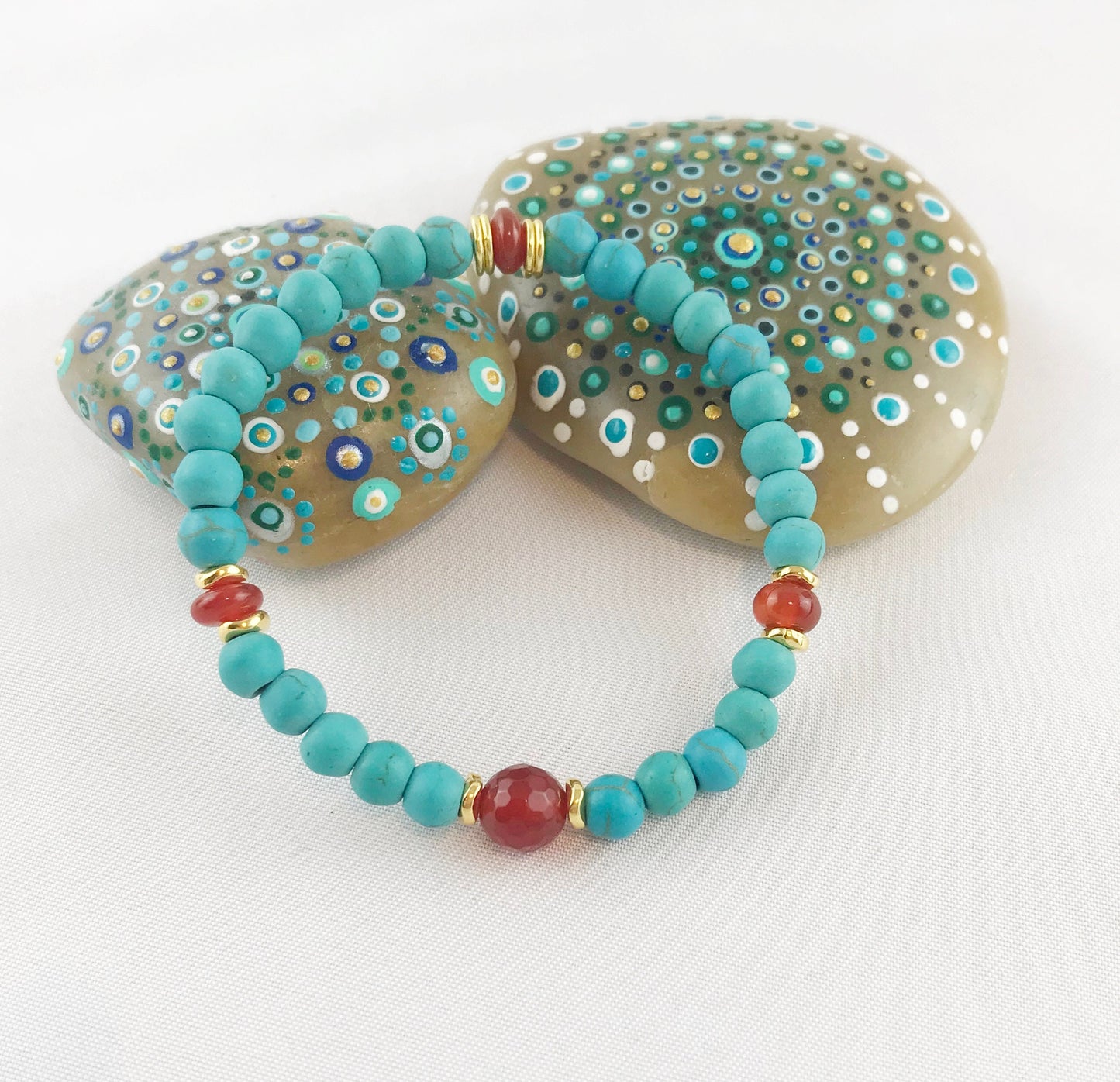 Boho Turquoise and Carnelian Gold Beaded Bracelet | Ibiza Style Stackable Jewelry for Women