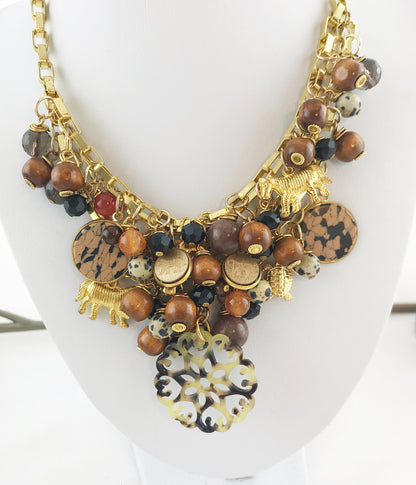 Luxurious Safari-Inspired Boho Statement Necklace | Multi-Strand Gold Chain with Gemstones