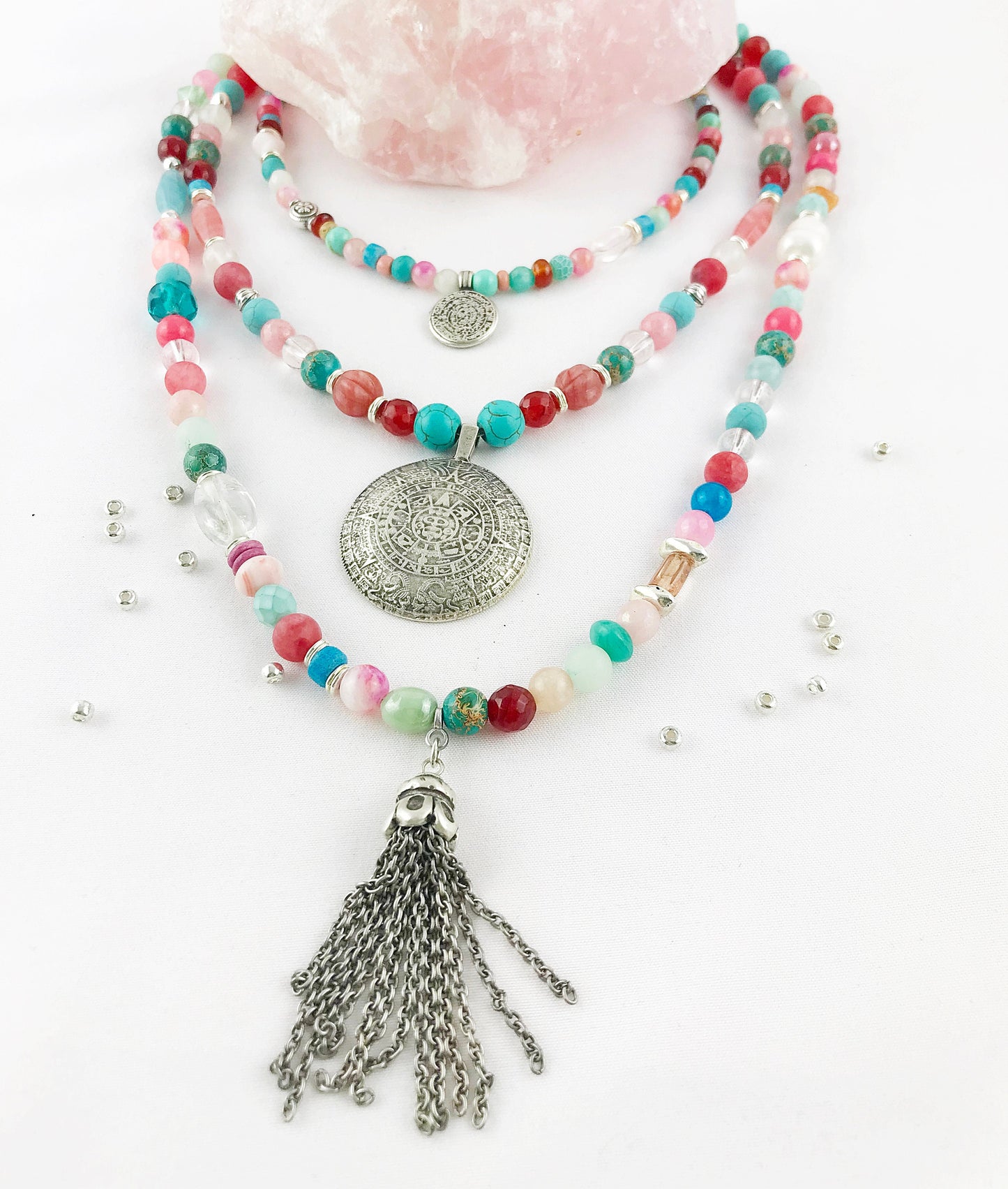 Boho Silver Gemstone Necklace | Turquoise, Carnelian & Jade Beaded Ibiza Style Jewelry for Women