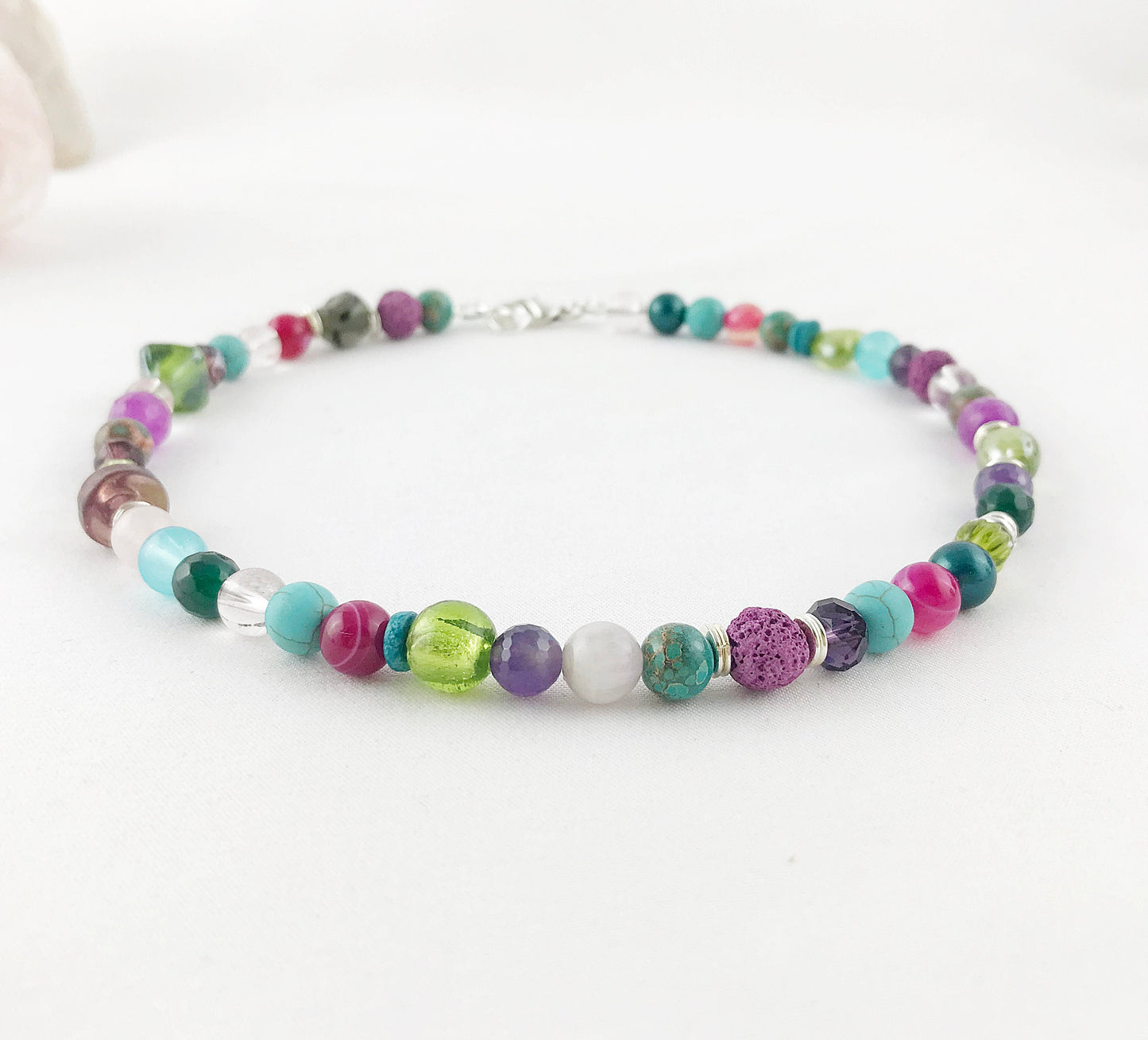 Colorful Boho Silver Necklace | Handmade Turquoise, Amethyst, Jade & Agate Ladies Statement Jewelry | Ibiza-Style