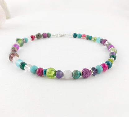 Colorful Boho Silver Necklace | Handmade Turquoise, Amethyst, Jade & Agate Ladies Statement Jewelry | Ibiza-Style