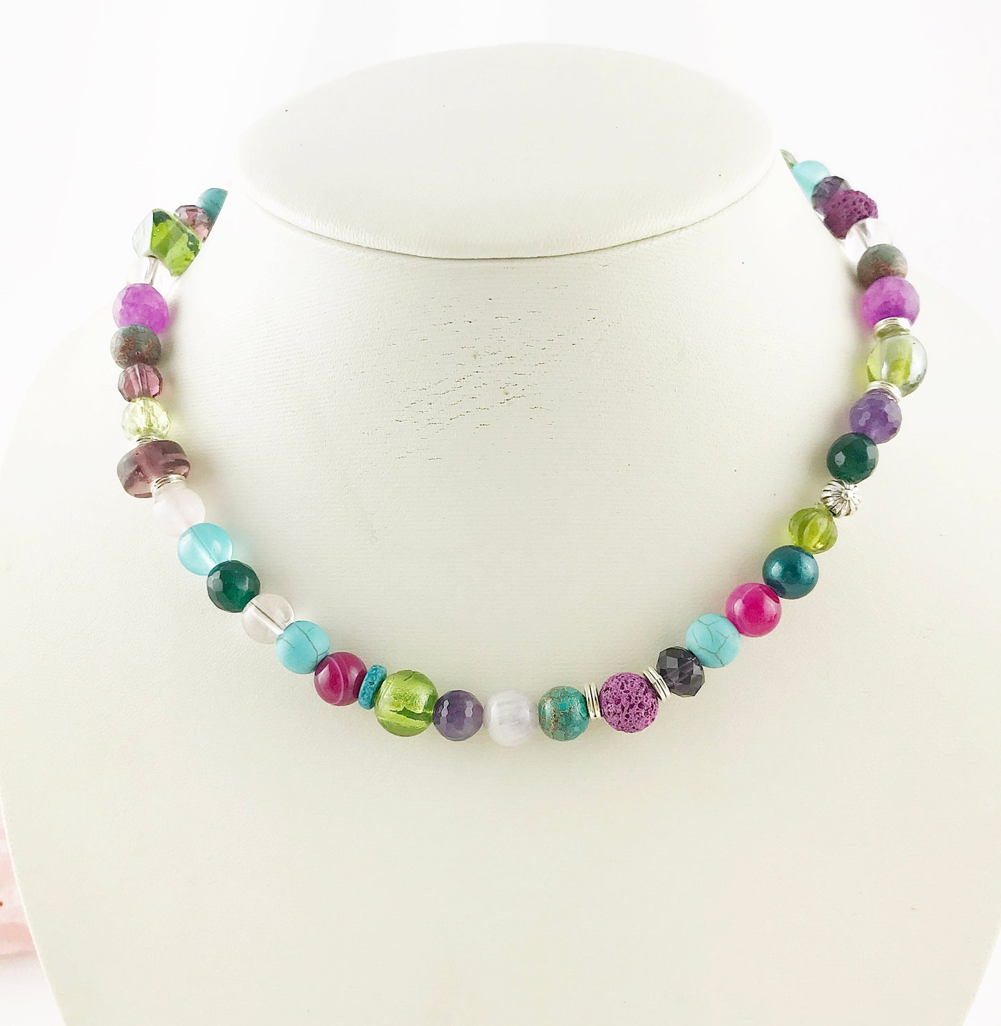 Colorful Boho Silver Necklace | Handmade Turquoise, Amethyst, Jade & Agate Ladies Statement Jewelry | Ibiza-Style